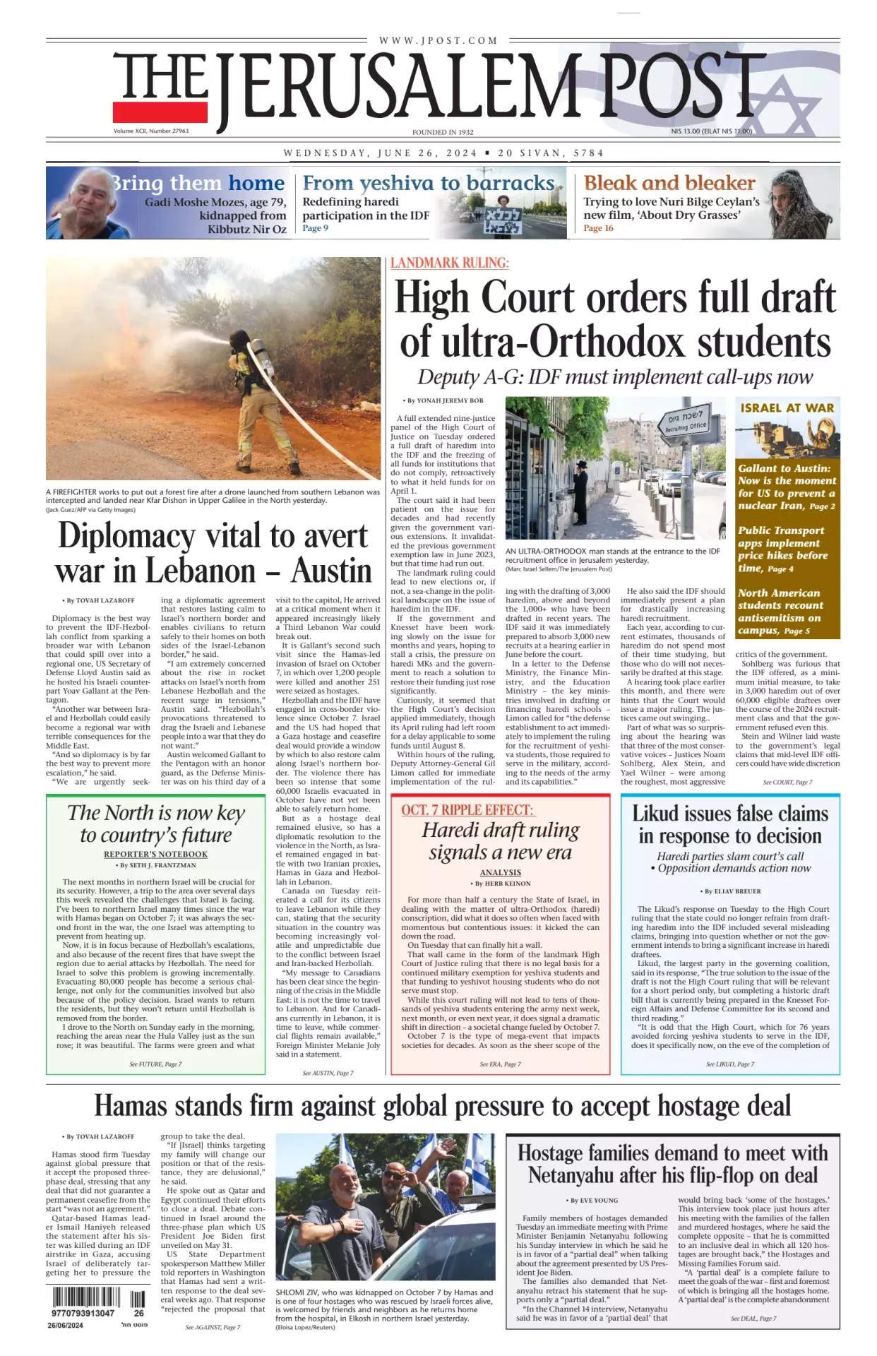 Prima-pagina-the jerusalem post-edizione-di-oggi-26-06-2024